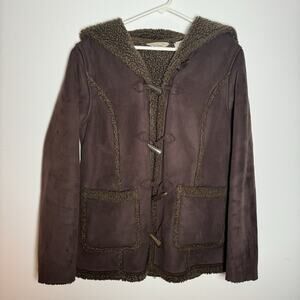 LL Bean Toggle Coat Suede Jacket Women’s S Brown Long Sherpa Lined Hooded